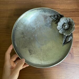 Brutalist Cast Metal 10" Large Round Deep Bowl with Applied Metal Flower